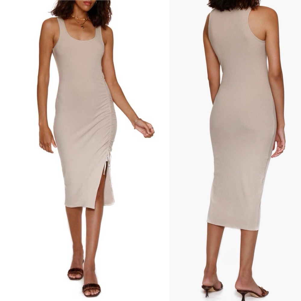Heartloom Georgia Ruched Tie Midi Sheath Dress Beige Medium‎ Adjustable Beach